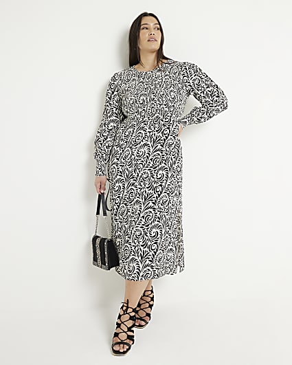 Plus black abstract shirred swing midi dress