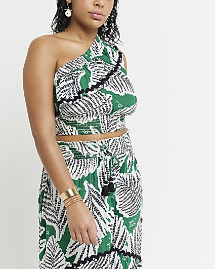 Green One Shoulder Leaf Print Crop Top