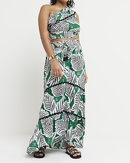 Green Leaf Print Maxi Skirt