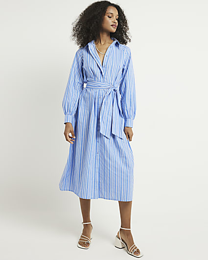 Blue balloon stripe midi shirt dress