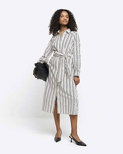 Black stripe belted midi shirt dress