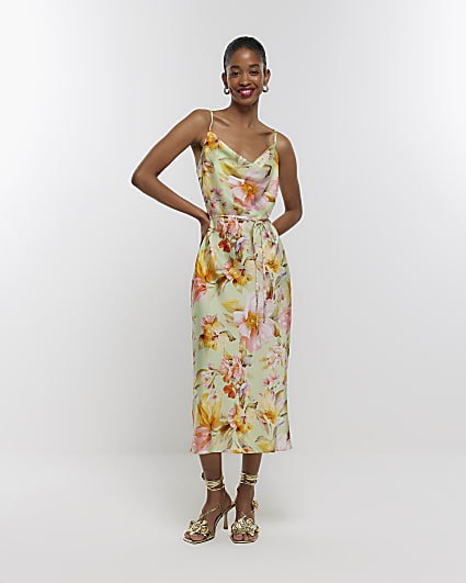 Green satin floral cowl neck slip midi dress