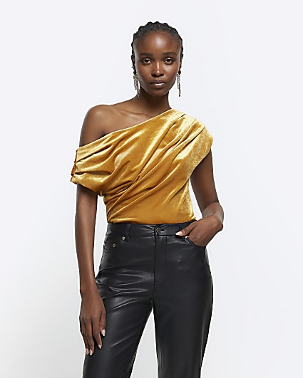 Yellow velvet drape asymmetric top