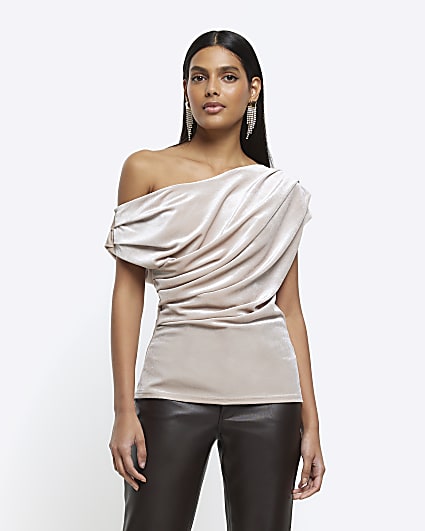 Stone velvet drape asymmetric top