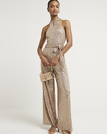 Rose gold sequin halter neck jumpsuit