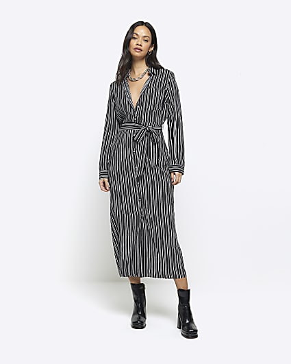 Black stripe belted midi shirt dress