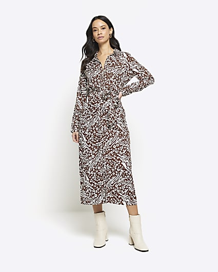 Brown floral belted midi shirt dress