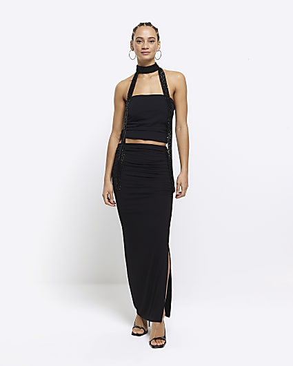 Black ruched drape maxi skirt