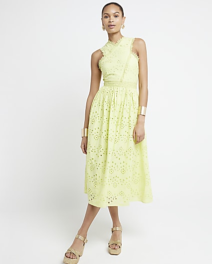 Green broderie cross neck smock midi dress