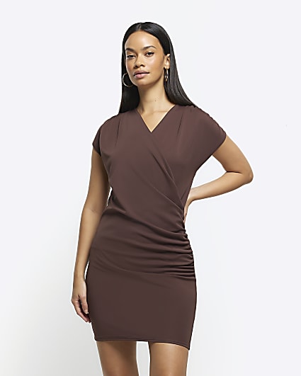 Brown drape wrap bodycon mini dress