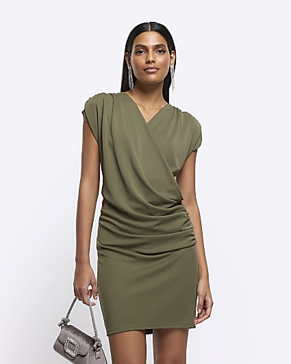 Khaki drape wrap bodycon mini dress