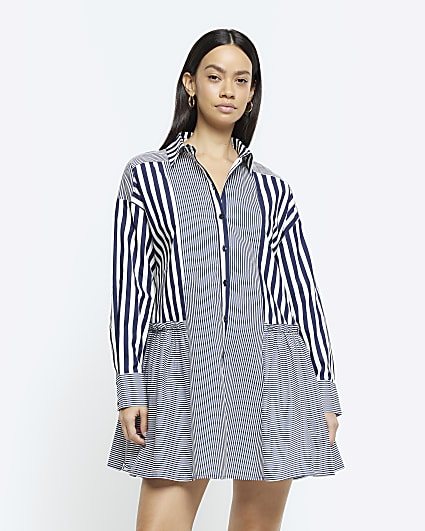 Blue stripe long sleeve mini shirt dress