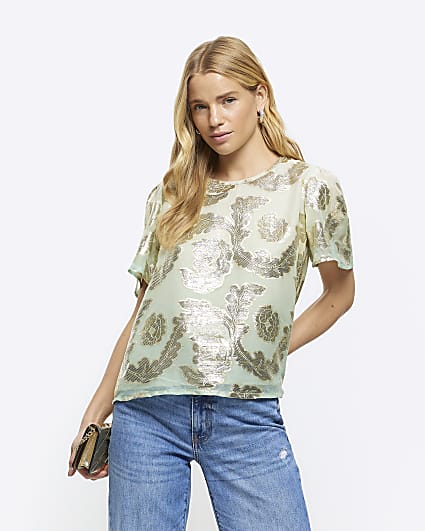 Green glitter floral t-shirt