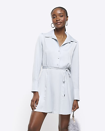 Silver satin tie waist mini shirt dress