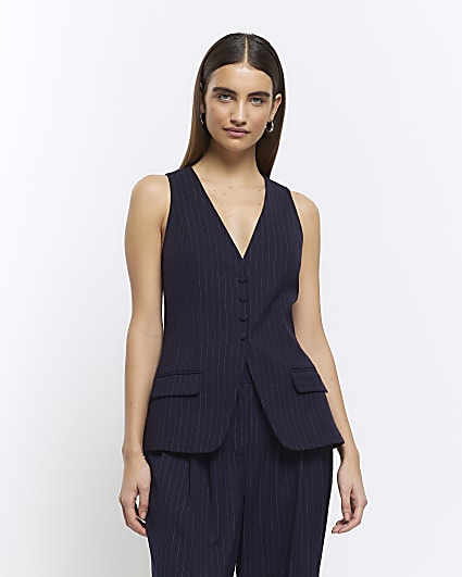 Navy Stripe Longline Waistcoat