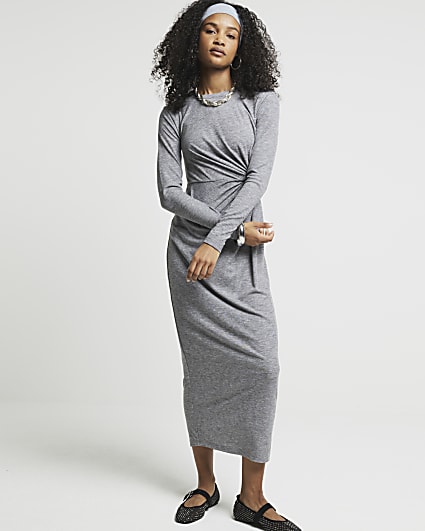 Grey knot side bodycon midi dress