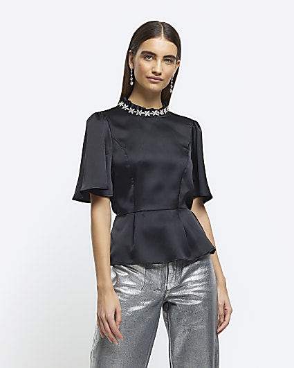 Black satin diamante trim blouse