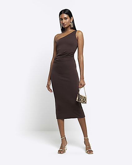 Brown drape detail bodycon midi dress