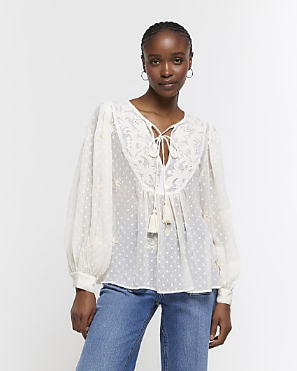 Cream embroidered tie up blouse