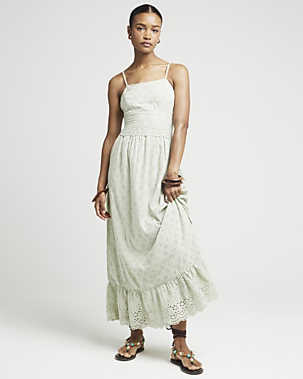 Khaki Broderie Skater Maxi Dress