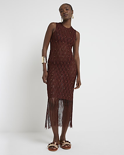 Bronze crochet fringe hem bodycon midi dress