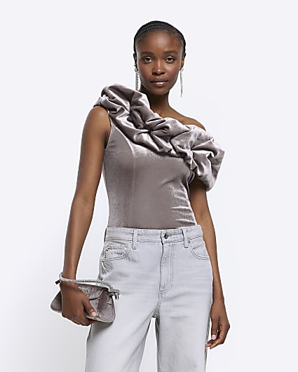 Grey velvet ruched asymmetric top