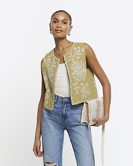 Khaki embroidered waistcoat