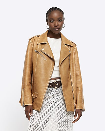 Brown oversized faux leather biker jacket