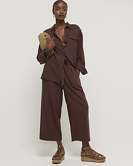 Brown linen blend belted wide leg trousers