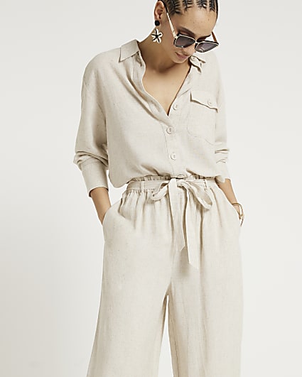 Stone linen blend belted wide leg trousers