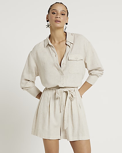 Stone linen blend belted shorts