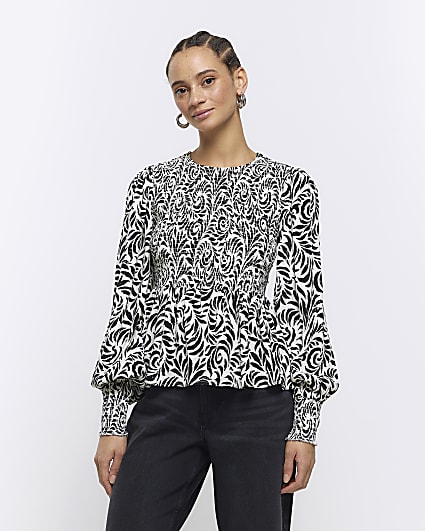 Black abstract shirred blouse