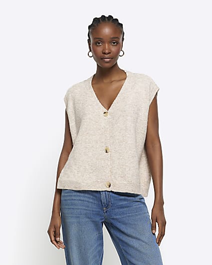 Beige knit button up tank top