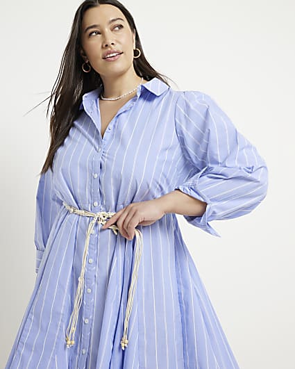 Plus blue stripe belted mini shirt dress