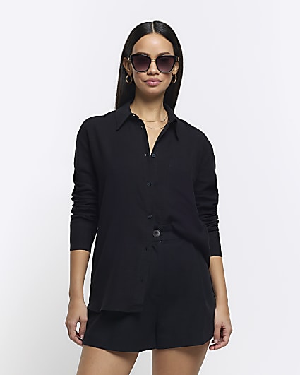 Black linen blend long sleeve shirt