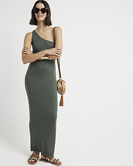 Khaki knit one shoulder bodycon maxi dress