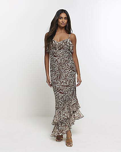 Brown leopard print frill slip maxi dress