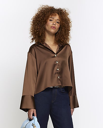 Brown satin crop long sleeve shirt