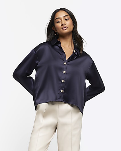 Navy satin crop long sleeve shirt