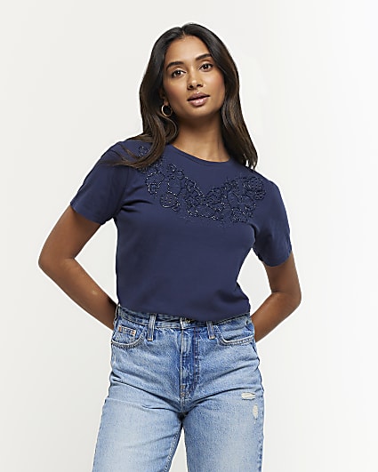 Navy lace cut out t-shirt