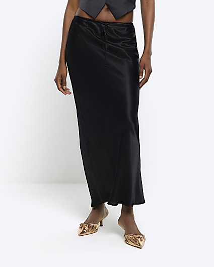 Black tie waist midi skirt