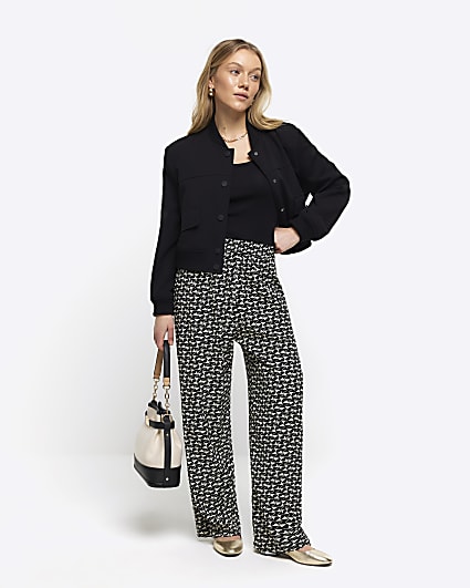 Petite black geometric wide leg trousers