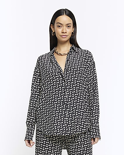 Black crepe geometric oversized shirt