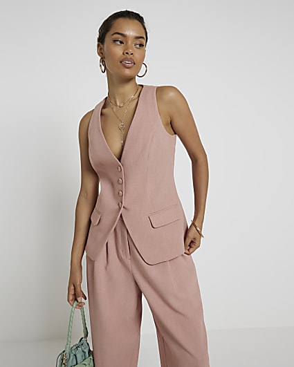 Petite pink button up longline waistcoat