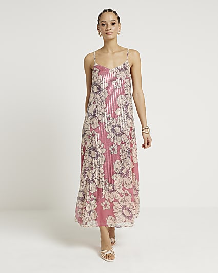 Pink floral sequin slip maxi dress