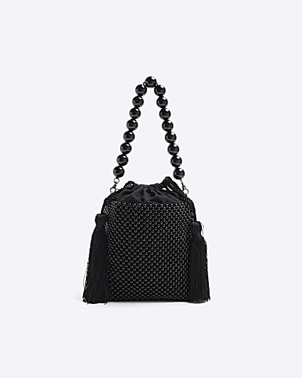 Black beaded bucket shoulder bag