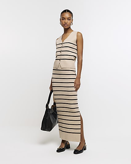 Beige knit stripe maxi skirt