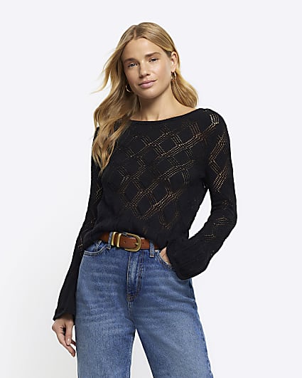 Black crochet tie back long sleeve top