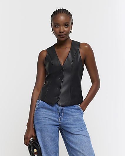 Black faux leather waistcoat