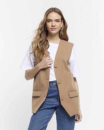 Beige longline button up waistcoat